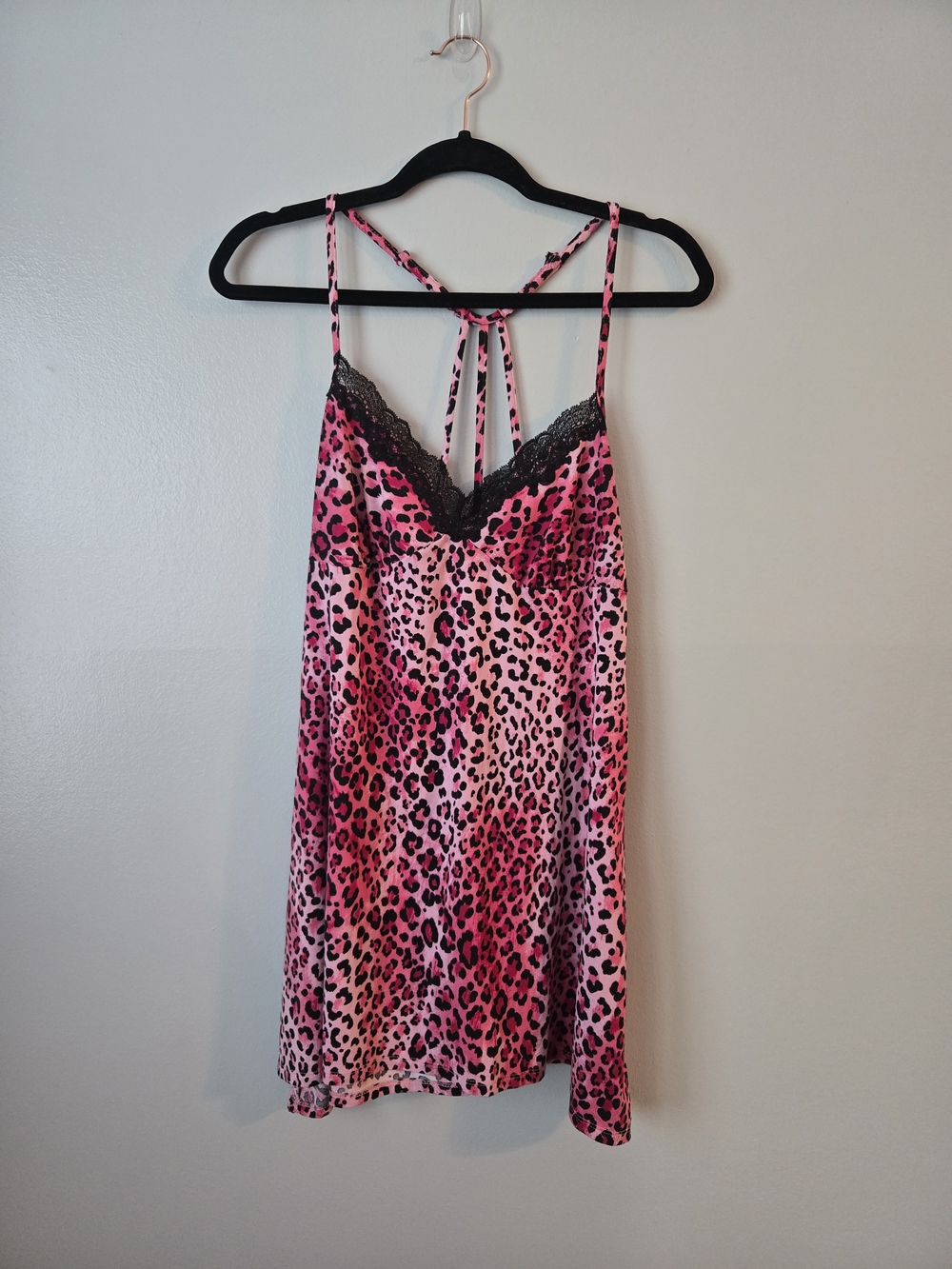 Secret Treasures Pink Leopard Nightgown Lace Trim Strappy Back Chemise Size M